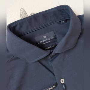 New $145 Luchiano Visconti Short Sleeved Shirt Navy Blue M Organic Cotton Blend
